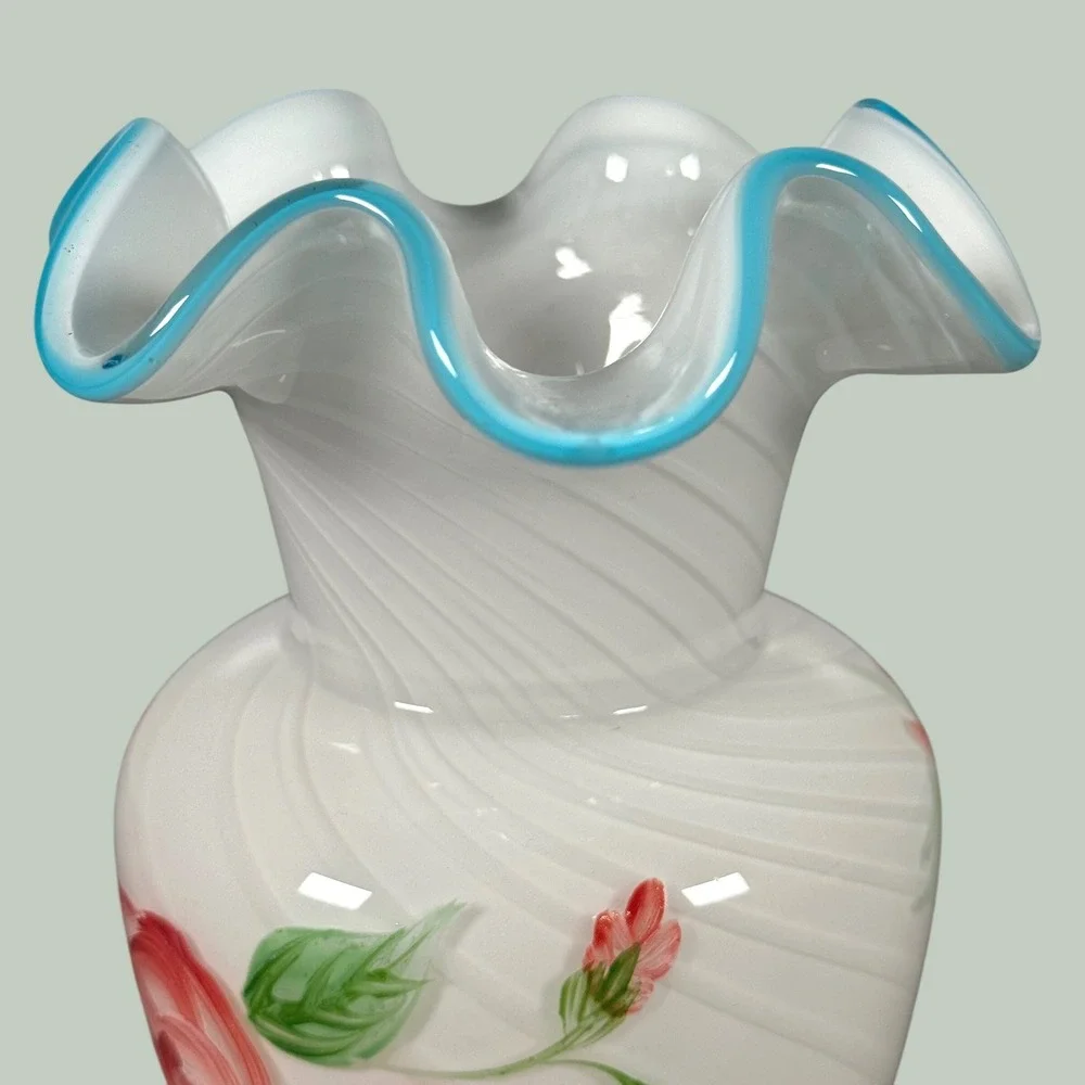 Fenton Cabbage Rose Opalescent Swirl Glass Vase Ruffled Blue Crest 6.5